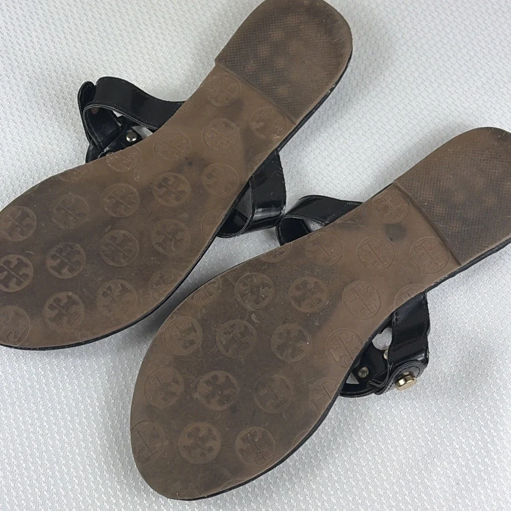 TORY BURCH MILLER SANDAL FLIP FLOP PATENT LEATHER BLACK SIZE 38  Gold‎ T Medal